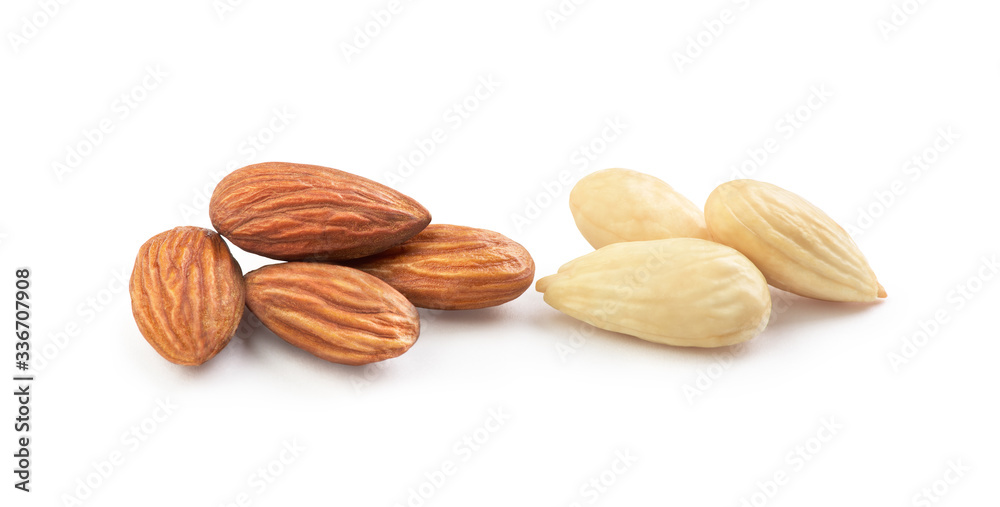 Two handfuls of almonds on a white background