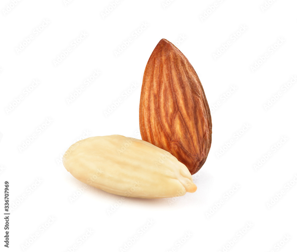 Two almonds on a white background