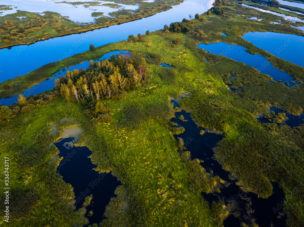 Aerial view of the river and wetland. Kama river in Russia