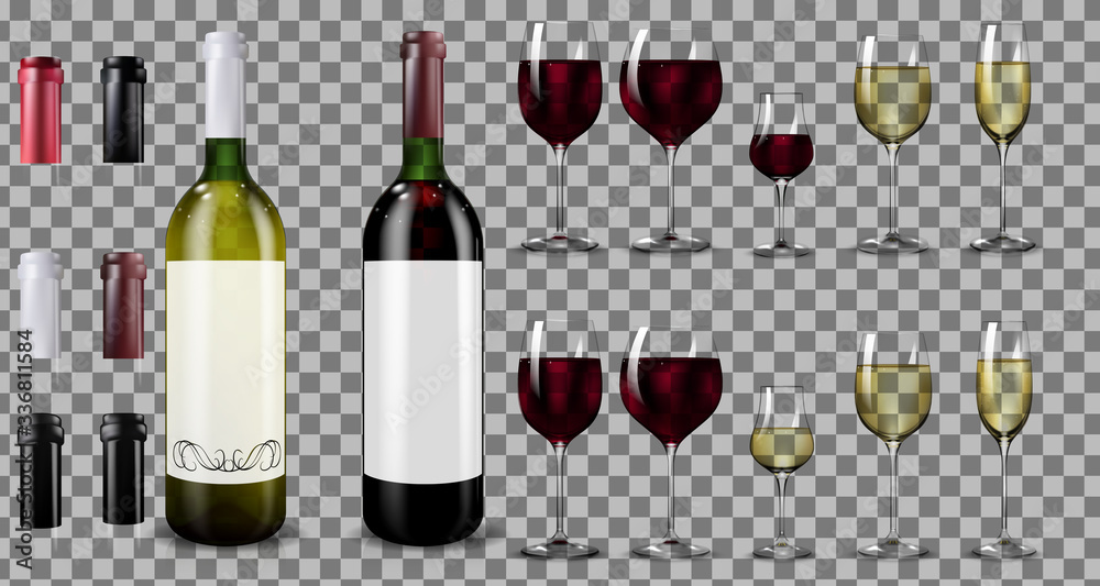 Red and white wine bottles and glasses. Realistic mockup