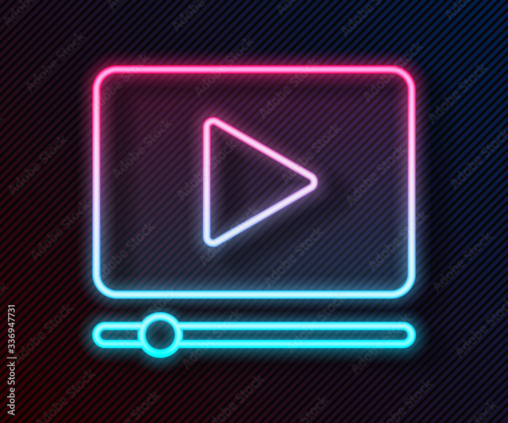 Glowing neon line Online play video icon isolated on black background. Film strip with play sign. Ve