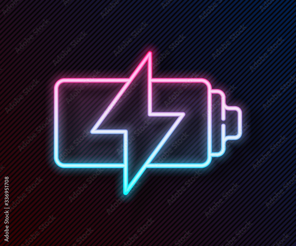 Glowing neon line Battery icon isolated on black background. Lightning bolt symbol. Vector Illustrat