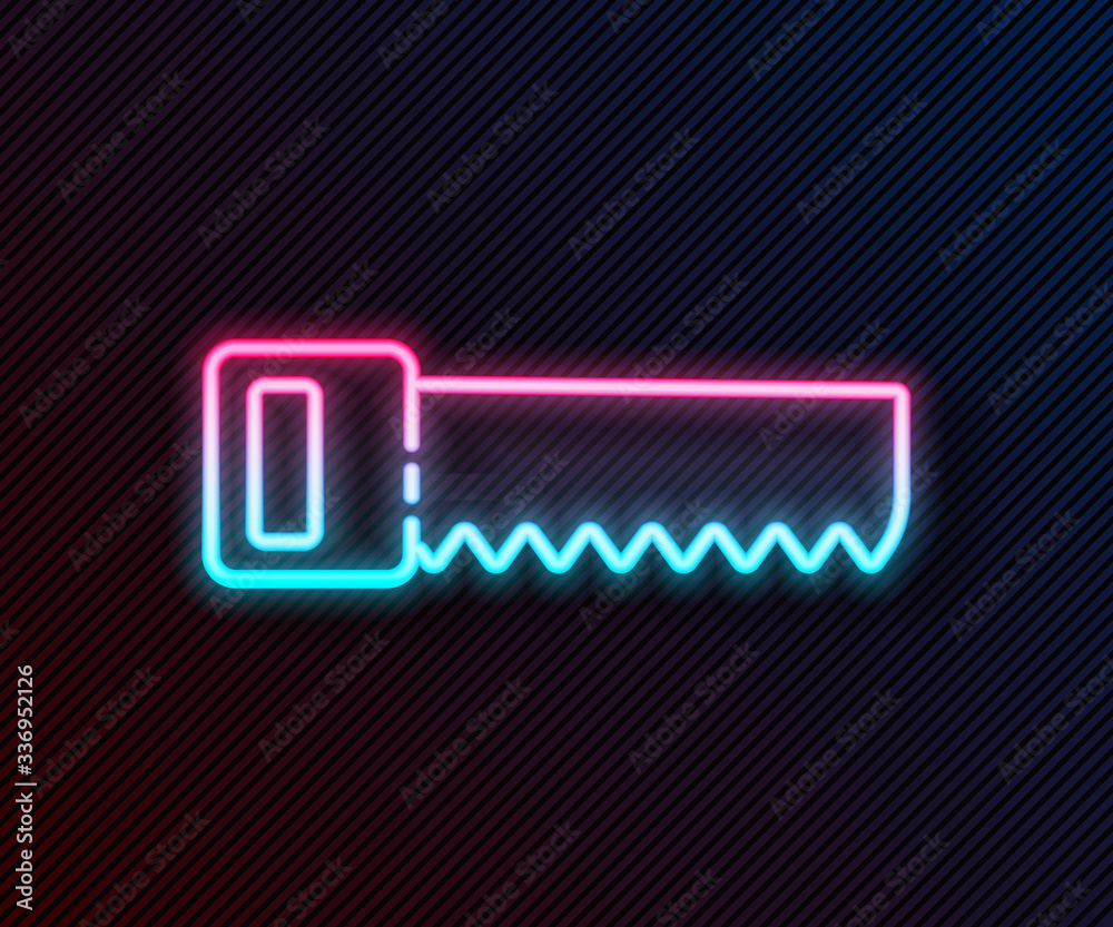 Glowing neon line Hand saw icon isolated on black background. Vector Illustration