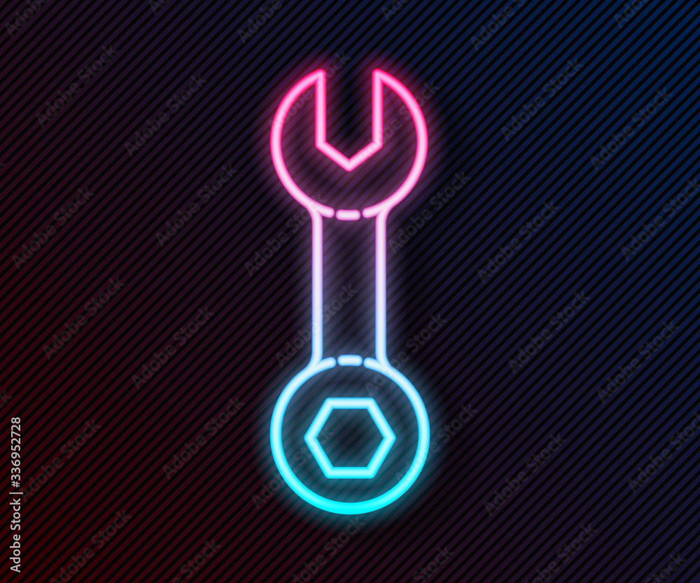 Glowing neon line Wrench spanner icon isolated on black background. Vector Illustration