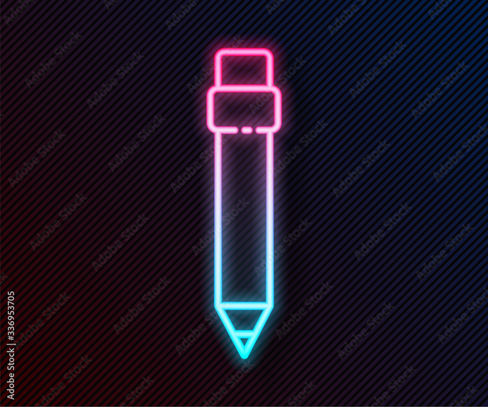 Glowing neon line Pencil with eraser icon isolated on black background. Drawing and educational tool