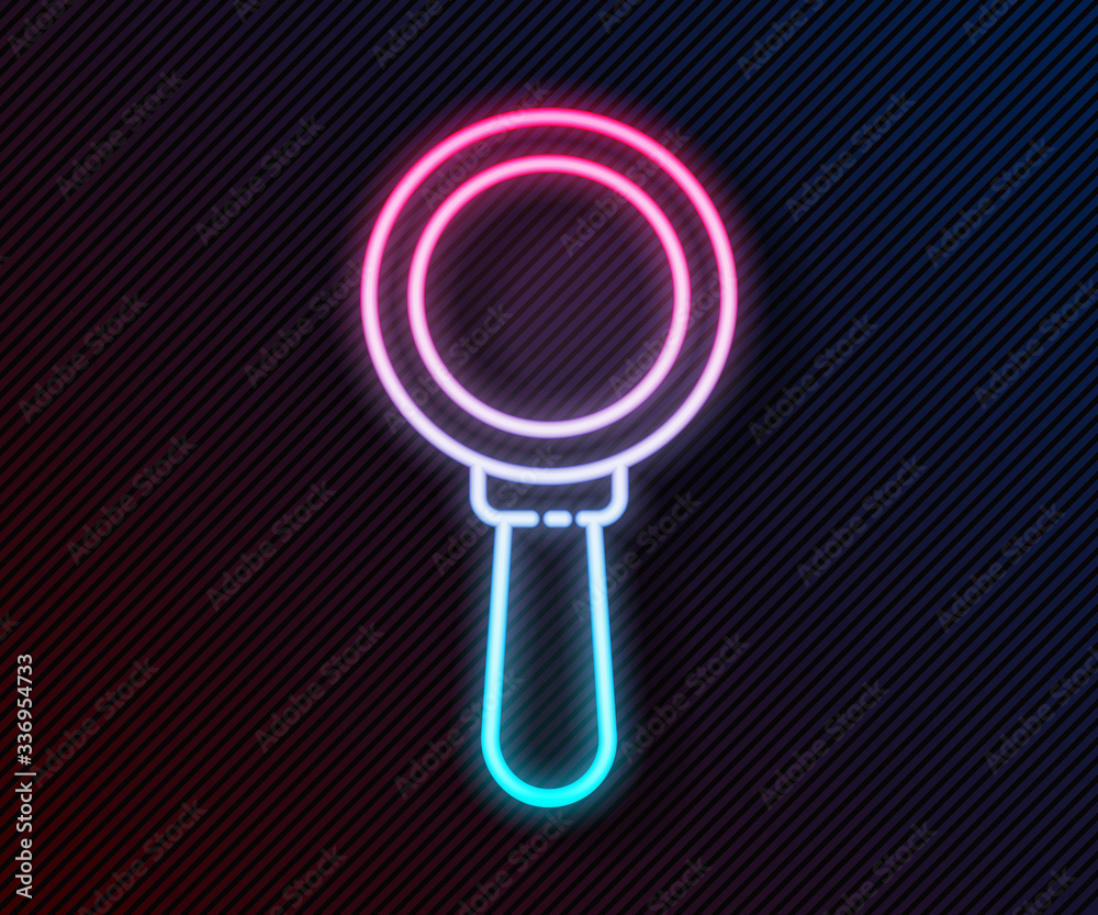 Glowing neon line Magnifying glass icon isolated on black background. Search, focus, zoom, business 