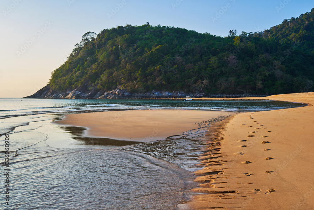 令人惊叹的海滩。热带海滩上美丽的日出。海滩上的金色沙滩。风景