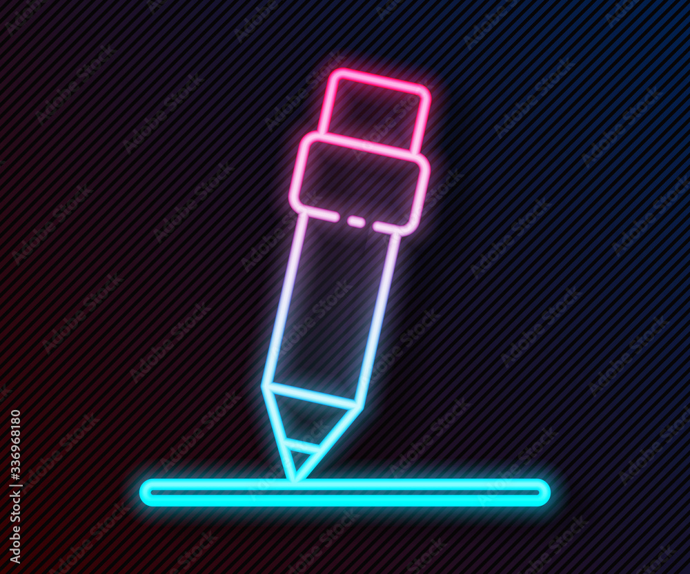 Glowing neon line Pencil with eraser icon isolated on black background. Drawing and educational tool