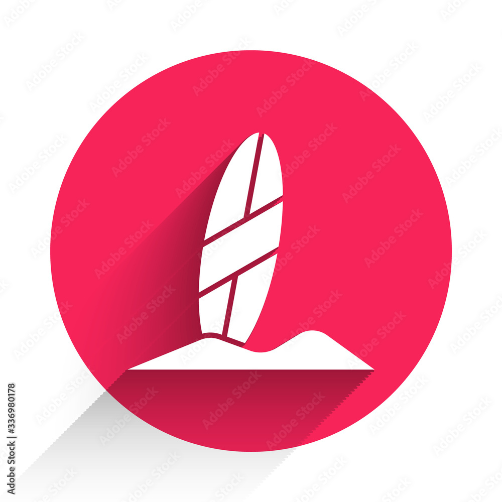 White Surfboard icon isolated with long shadow. Surfing board. Extreme sport. Sport equipment. Red c