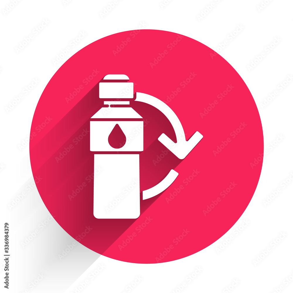 White Recycling plastic bottle icon isolated with long shadow. Red circle button. Vector Illustratio