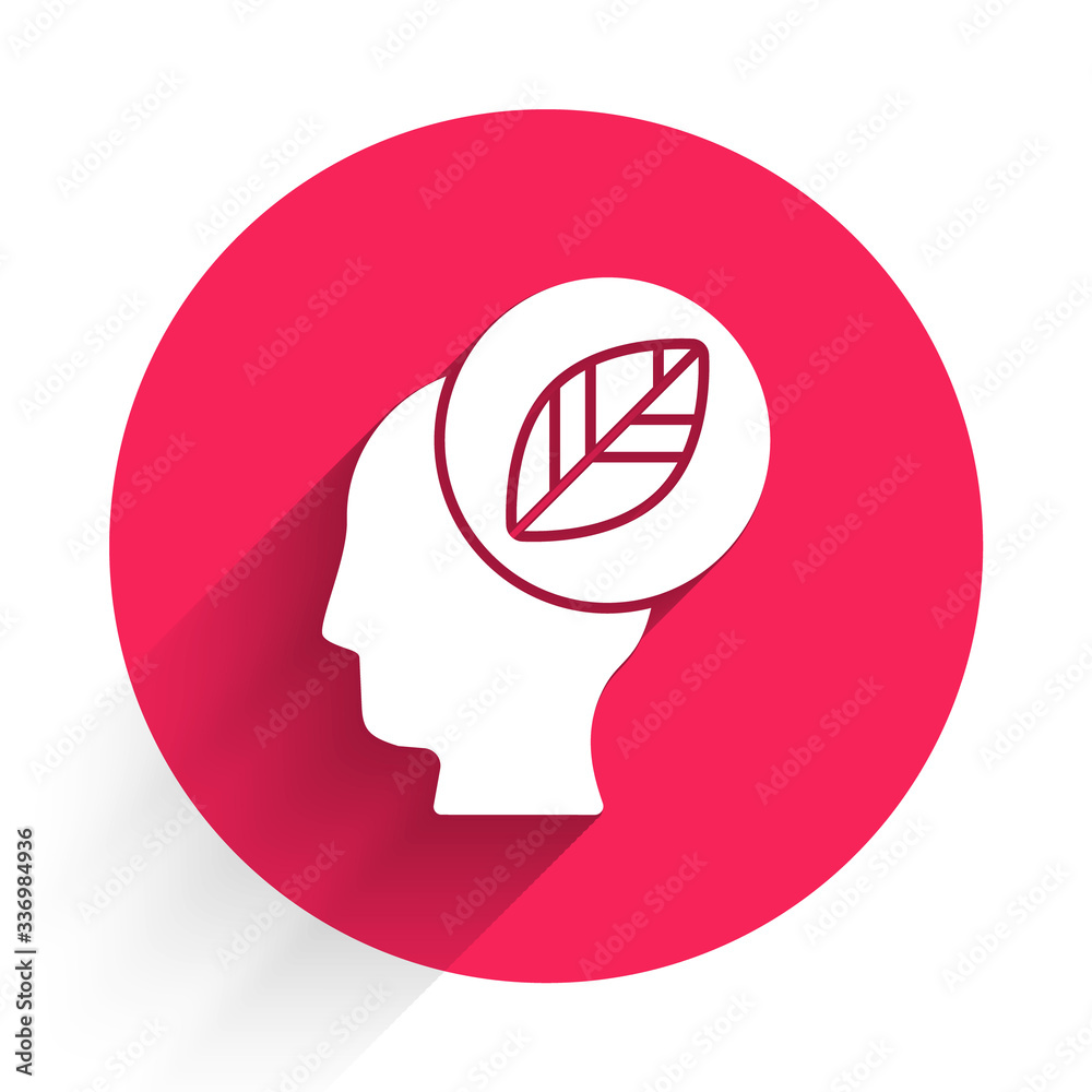 White Human head with leaf inside icon isolated with long shadow. Red circle button. Vector Illustra