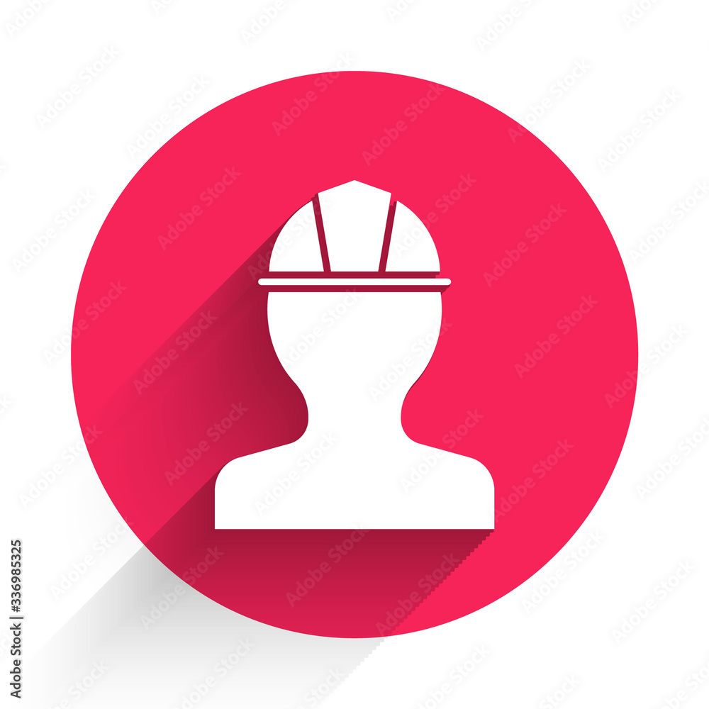 White Worker safety helmet icon isolated with long shadow. Red circle button. Vector Illustration