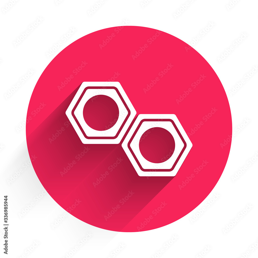 White Hexagonal metal nut icon isolated with long shadow. Red circle button. Vector Illustration