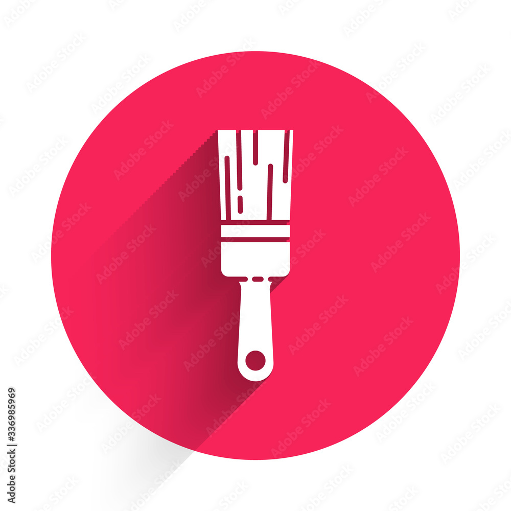 White Paint brush icon isolated with long shadow. Red circle button. Vector Illustration