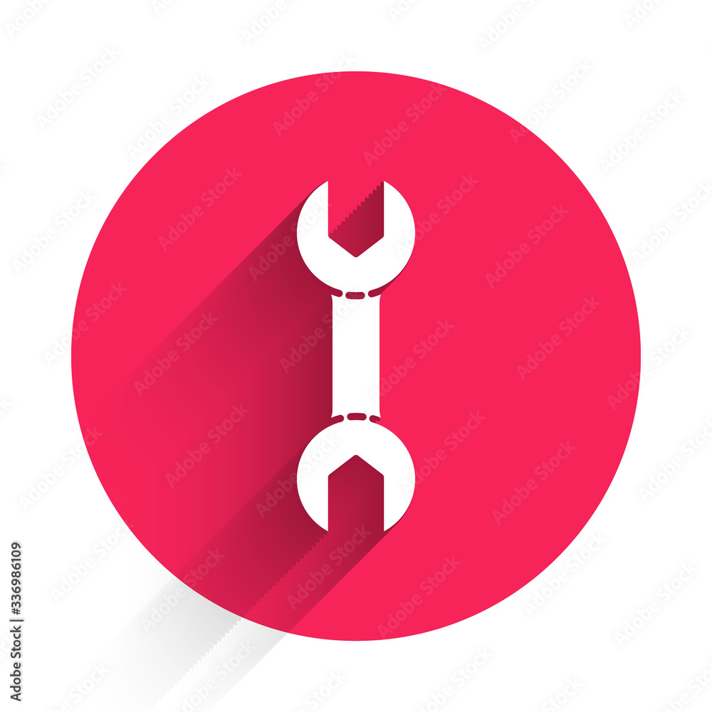 White Wrench spanner icon isolated with long shadow. Red circle button. Vector Illustration