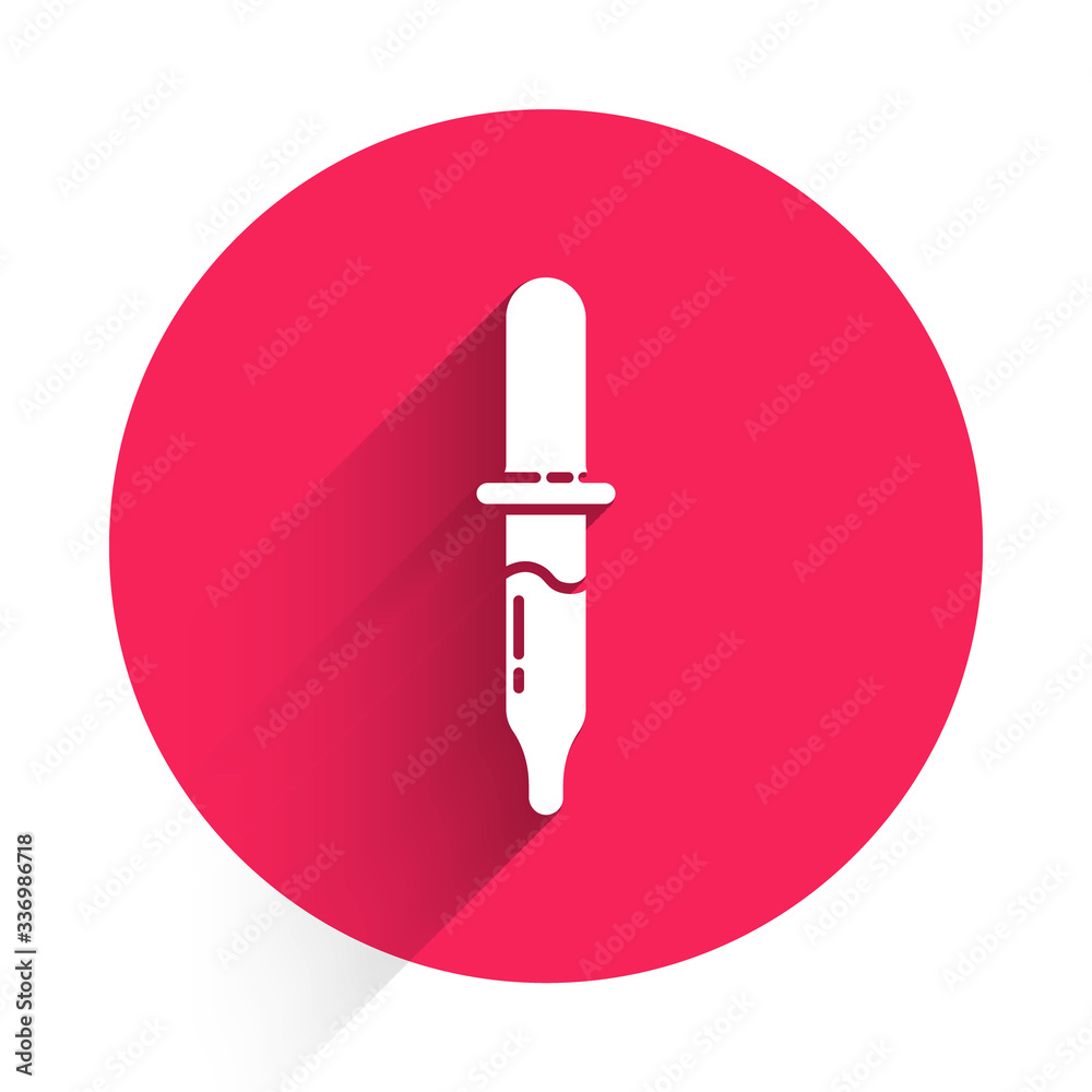 White Pipette icon isolated with long shadow. Element of medical, chemistry lab equipment. Medicine 