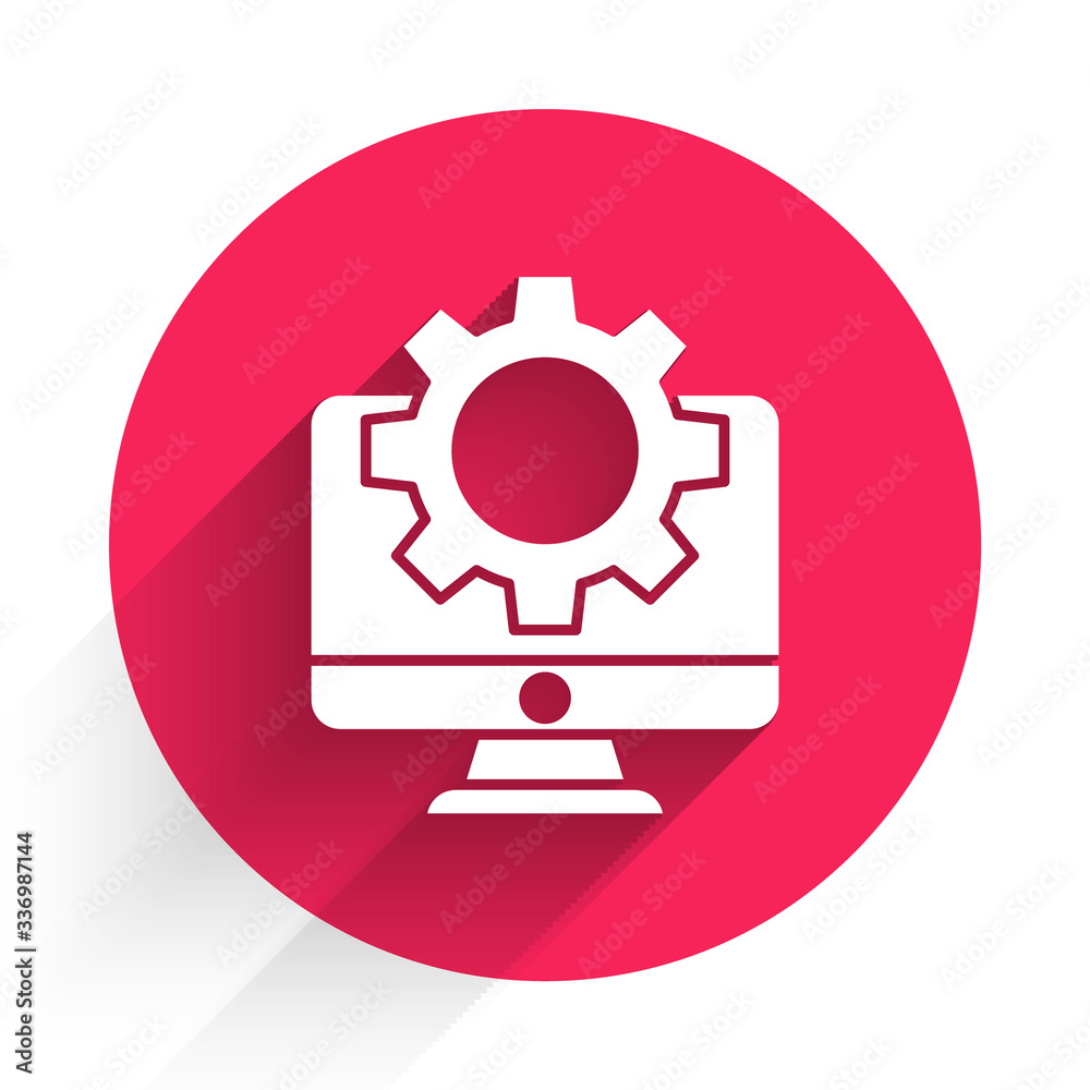 White Computer monitor and gear icon isolated with long shadow. Adjusting, service, setting, mainten