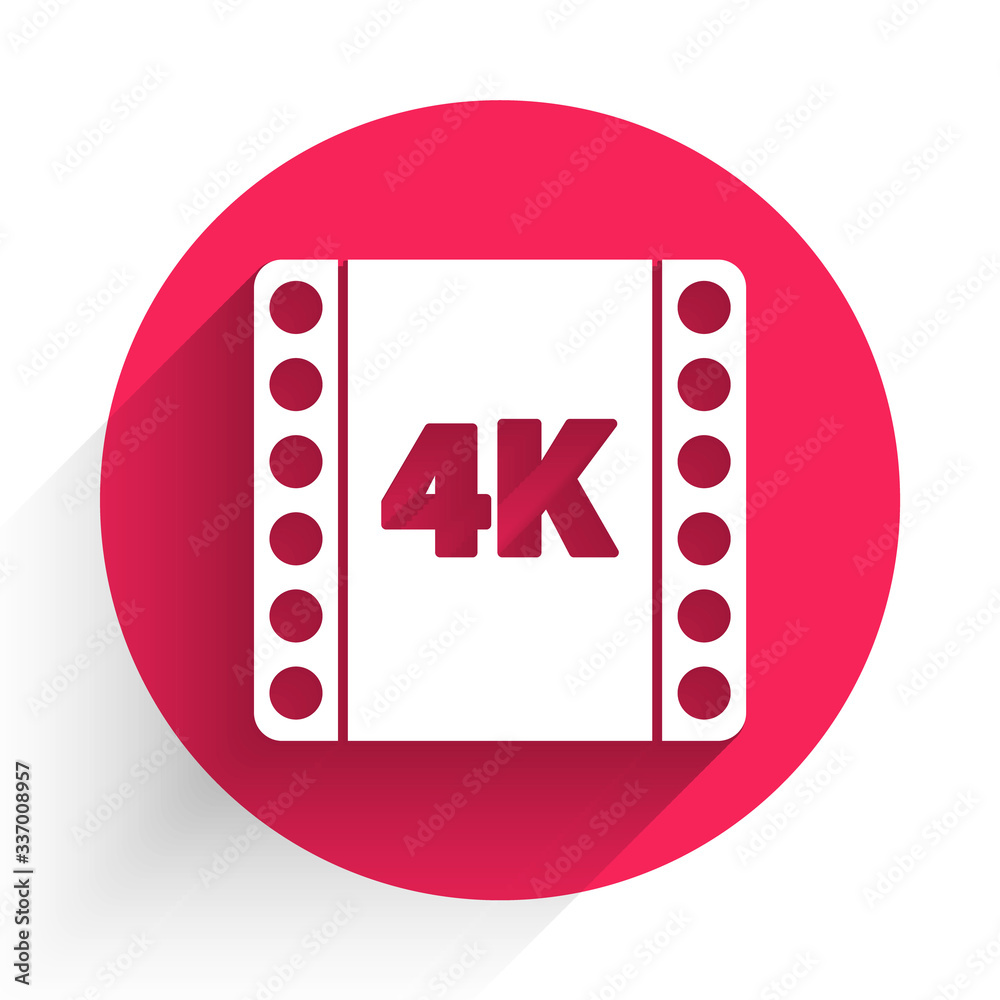 White 4k movie, tape, frame icon isolated with long shadow. Red circle button. Vector Illustration