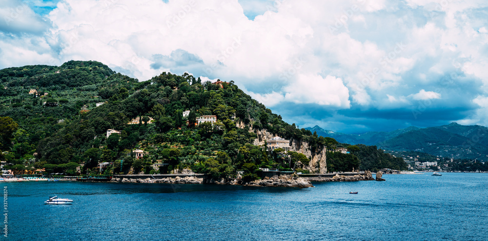 Ligurian sea shore near Portofino. Sunny summer day, Liguria, Italy. Spectacular summer landscape. C