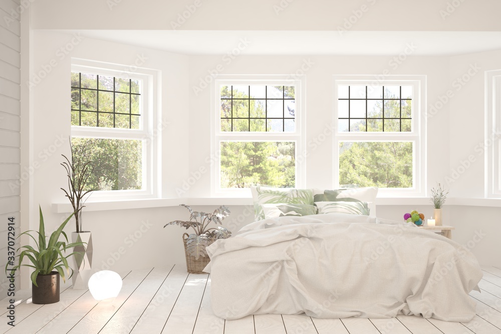 Stylish bedroom in white color with summer landscape in window. Scandinavian interior design. 3D ill