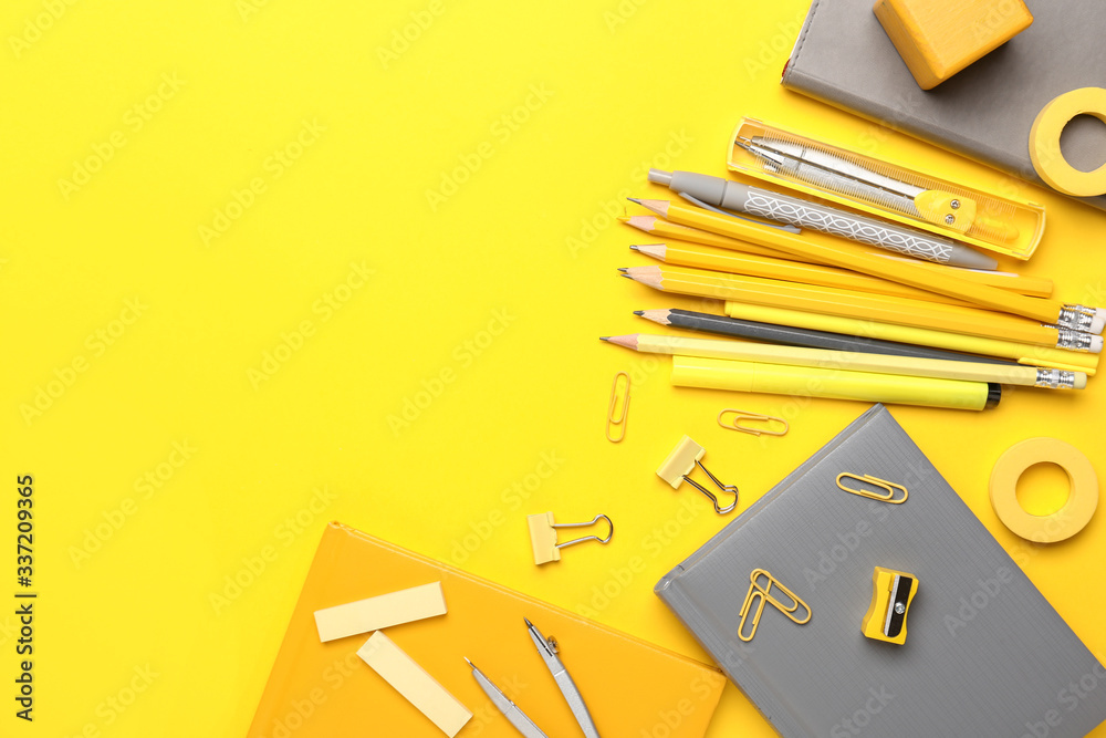 School supplies on color background