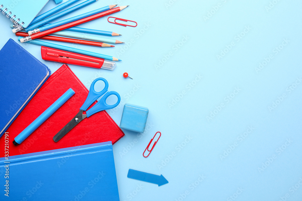 School supplies on color background