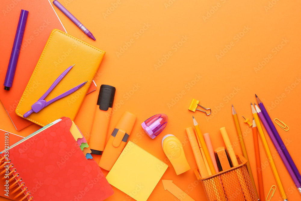 School supplies on color background