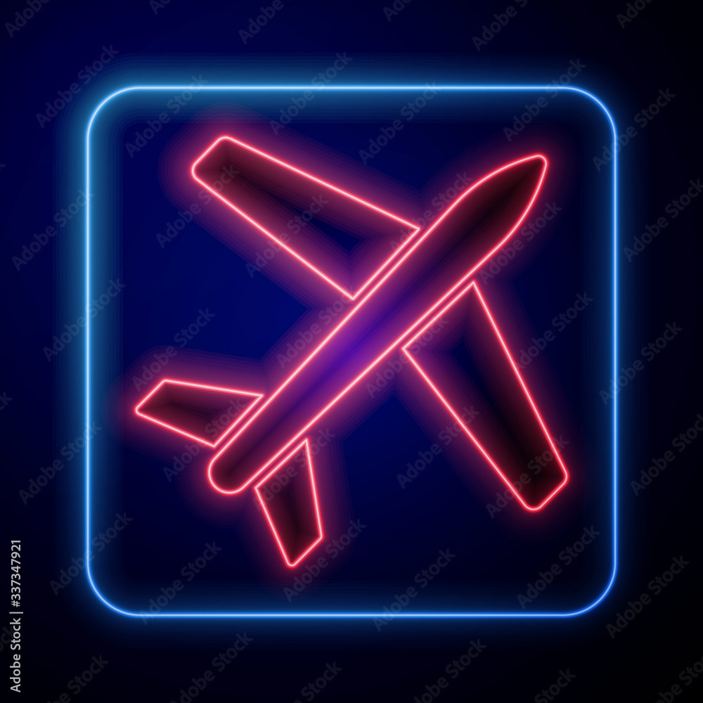 Glowing neon Plane icon isolated on blue background. Flying airplane icon. Airliner sign. Vector Ill