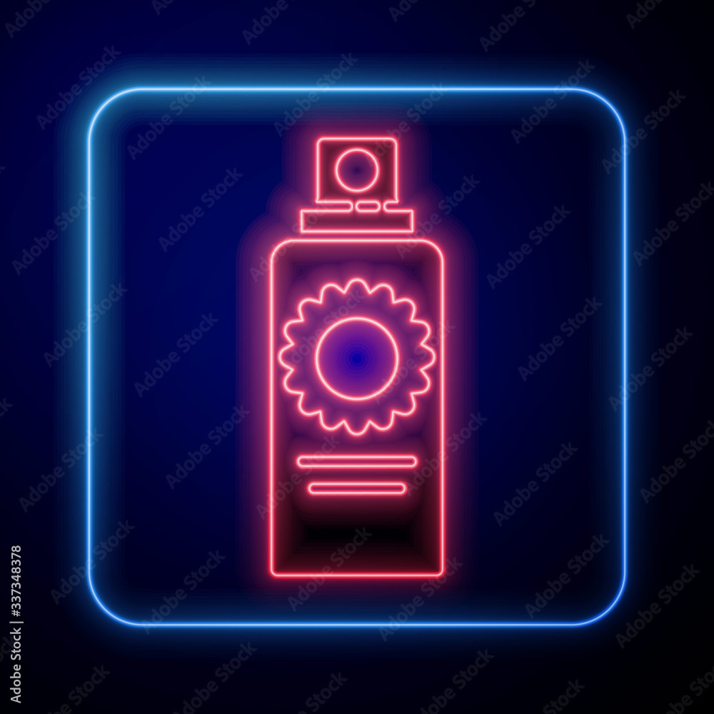 Glowing neon Sunscreen spray bottle icon isolated on blue background. Protection for the skin from s