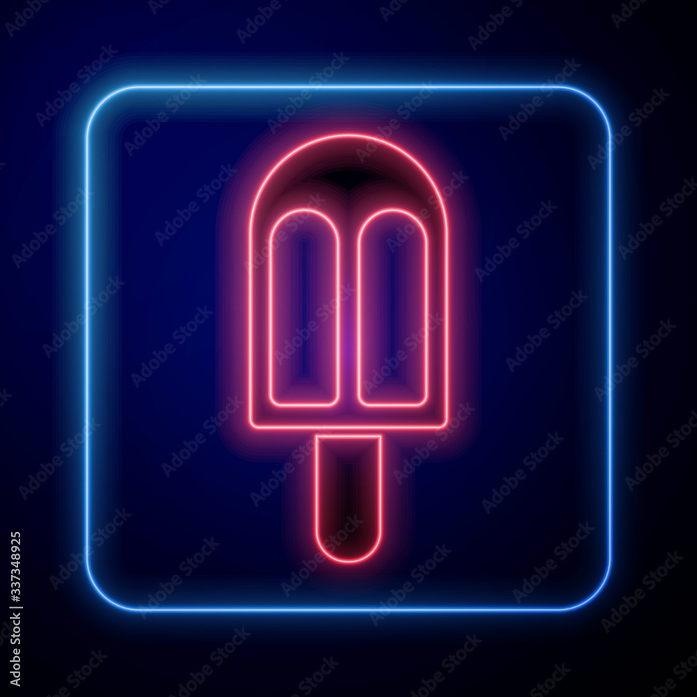 Glowing neon Ice cream icon isolated on blue background. Sweet symbol. Vector Illustration