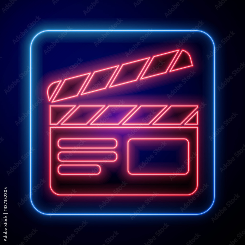 Glowing neon Movie clapper icon isolated on blue background. Film clapper board. Clapperboard sign. 