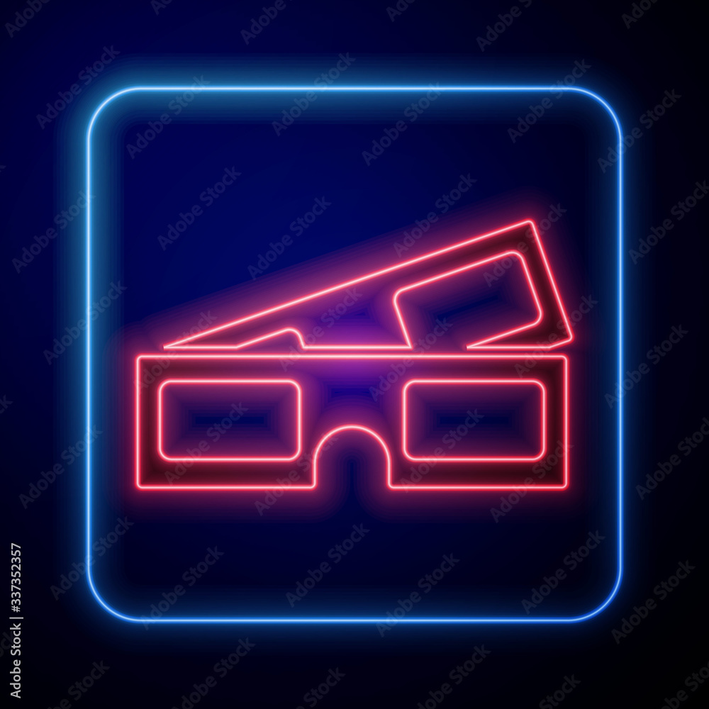 Glowing neon 3D cinema glasses icon isolated on blue background. Vector Illustration