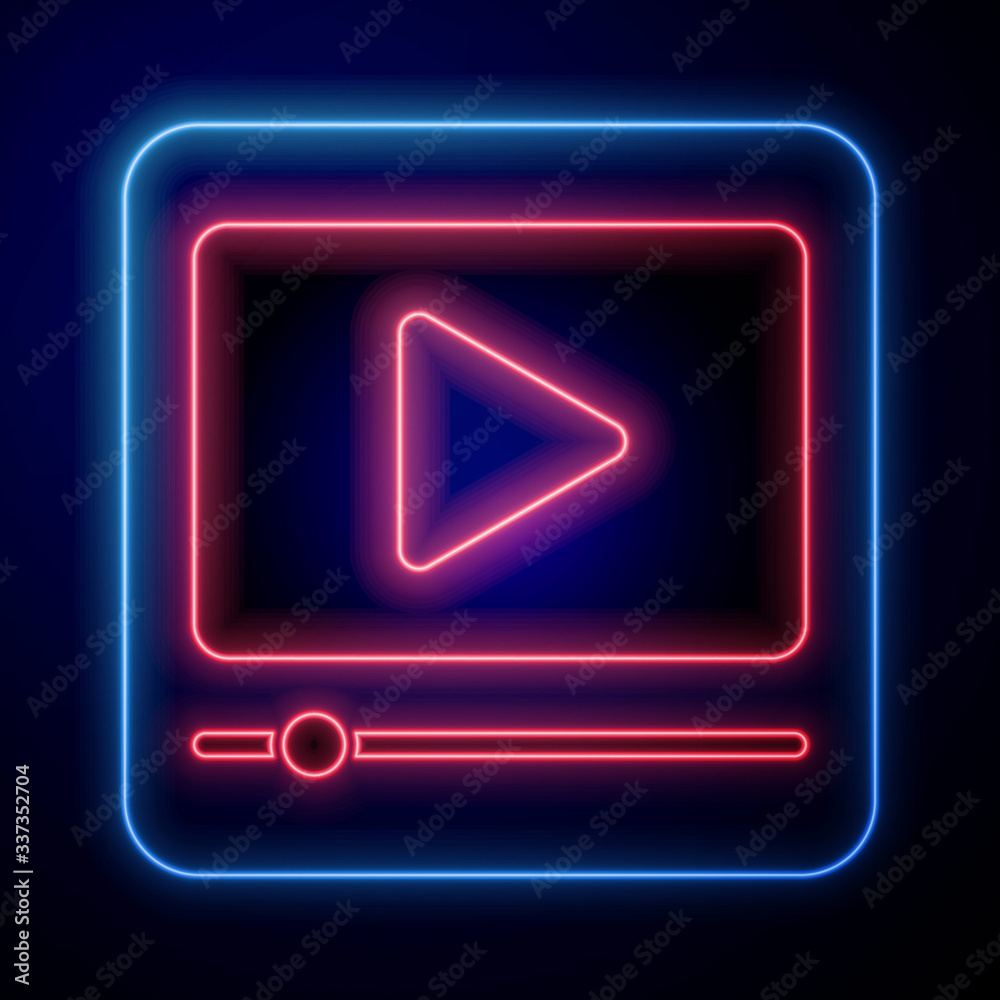 Glowing neon Online play video icon isolated on blue background. Film strip with play sign. Vector I