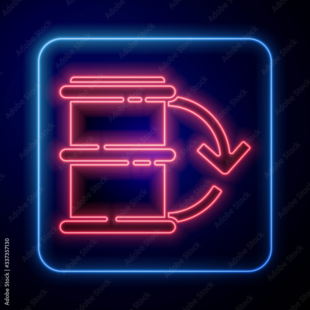 蓝色背景上隔离的发光霓虹灯环保燃料桶图标。环保生物和桶。绿色环境