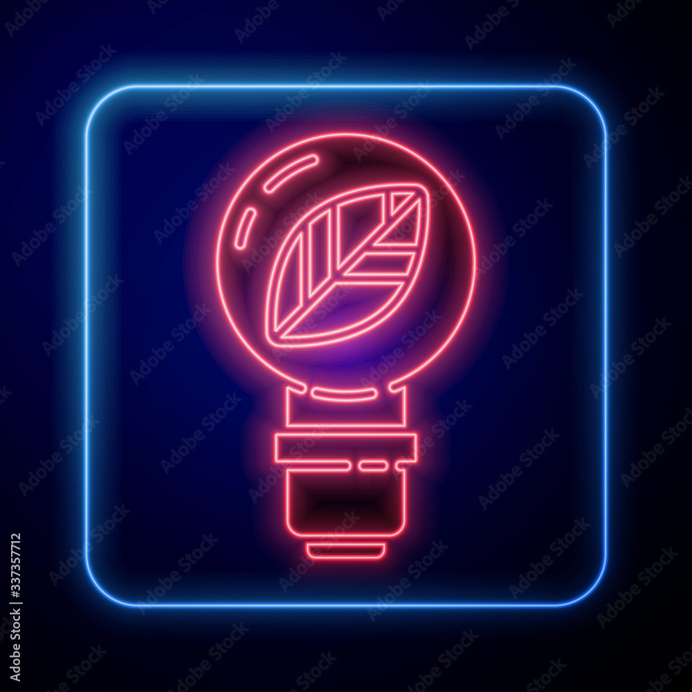 Glowing neon Light bulb with leaf icon isolated on blue background. Eco energy concept. Alternative 