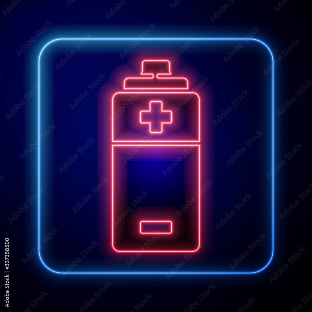 Glowing neon Battery icon isolated on blue background. Lightning bolt symbol. Vector Illustration