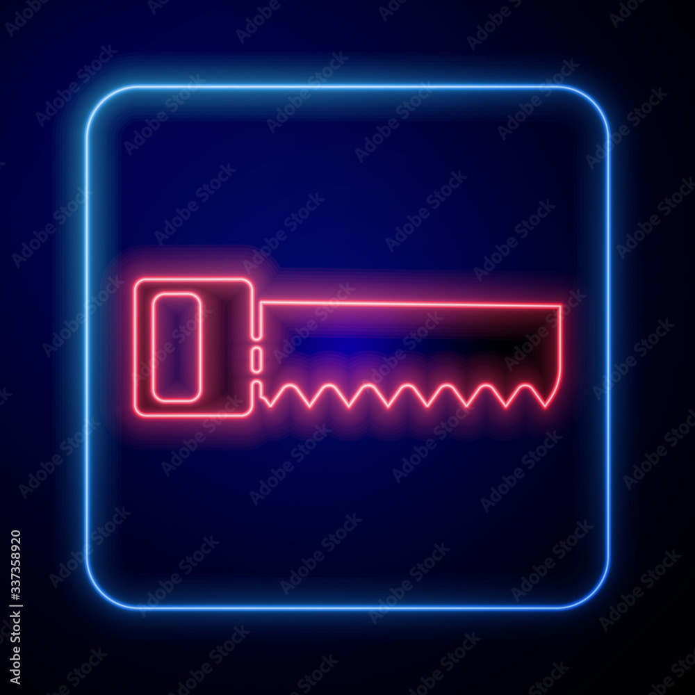 Glowing neon Hand saw icon isolated on blue background. Vector Illustration