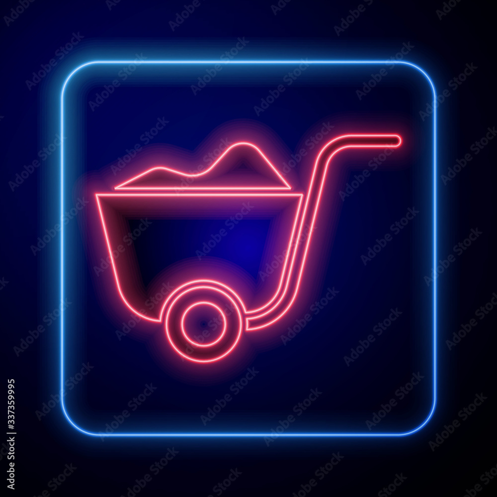 Glowing neon Shovel icon isolated on blue background. Gardening tool. Tool for horticulture, agricul