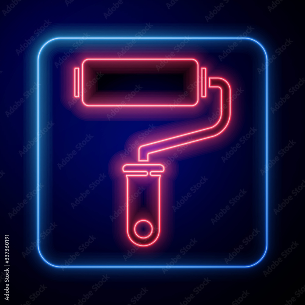 Glowing neon Paint roller brush icon isolated on blue background. Vector Illustration