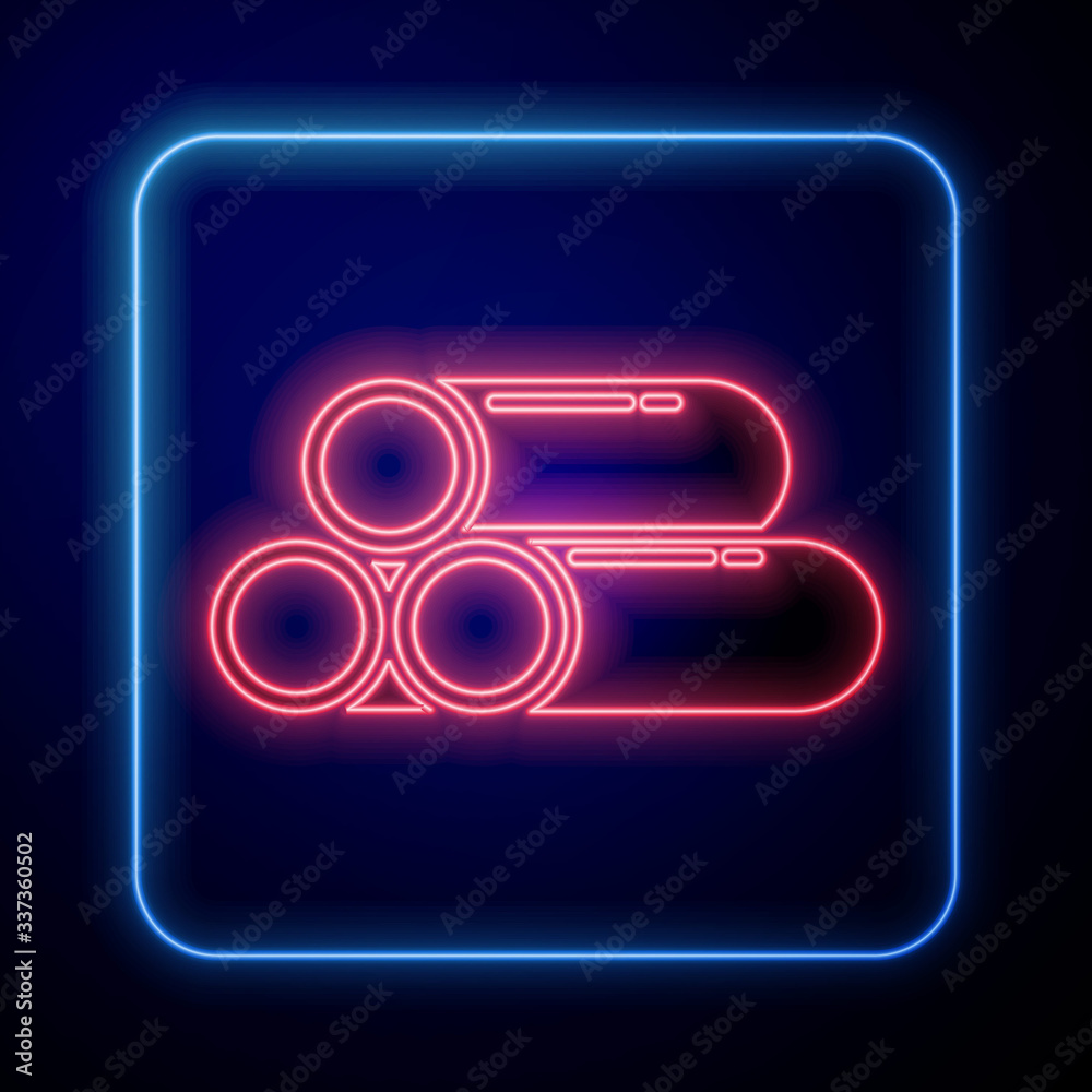 Glowing neon Industry metallic pipe icon isolated on blue background. Plumbing pipeline parts of dif