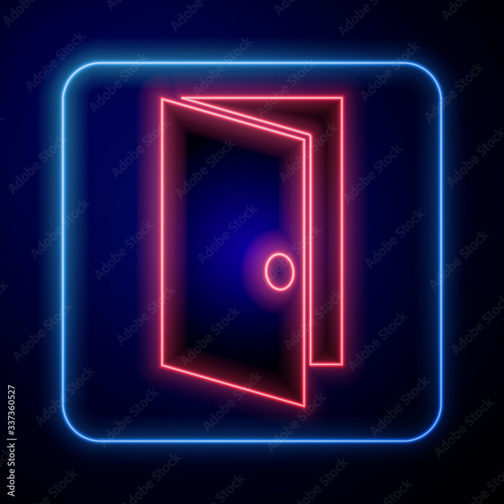 Glowing neon Closed door icon isolated on blue background. Vector Illustration