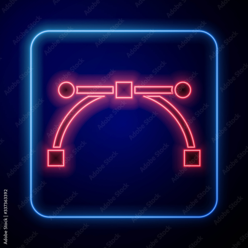 蓝色背景上孤立的发光霓虹灯贝塞尔曲线图标。笔工具图标。矢量插图