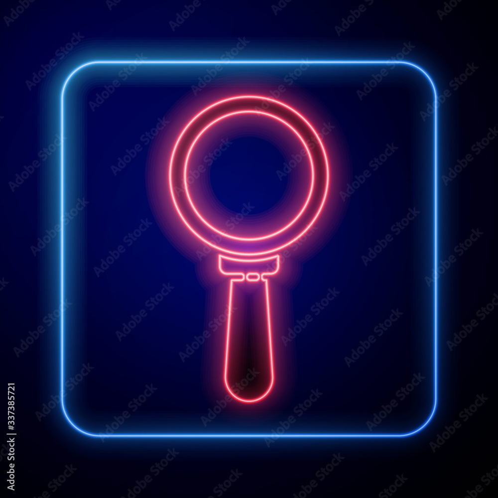 Glowing neon Magnifying glass icon isolated on blue background. Search, focus, zoom, business symbol