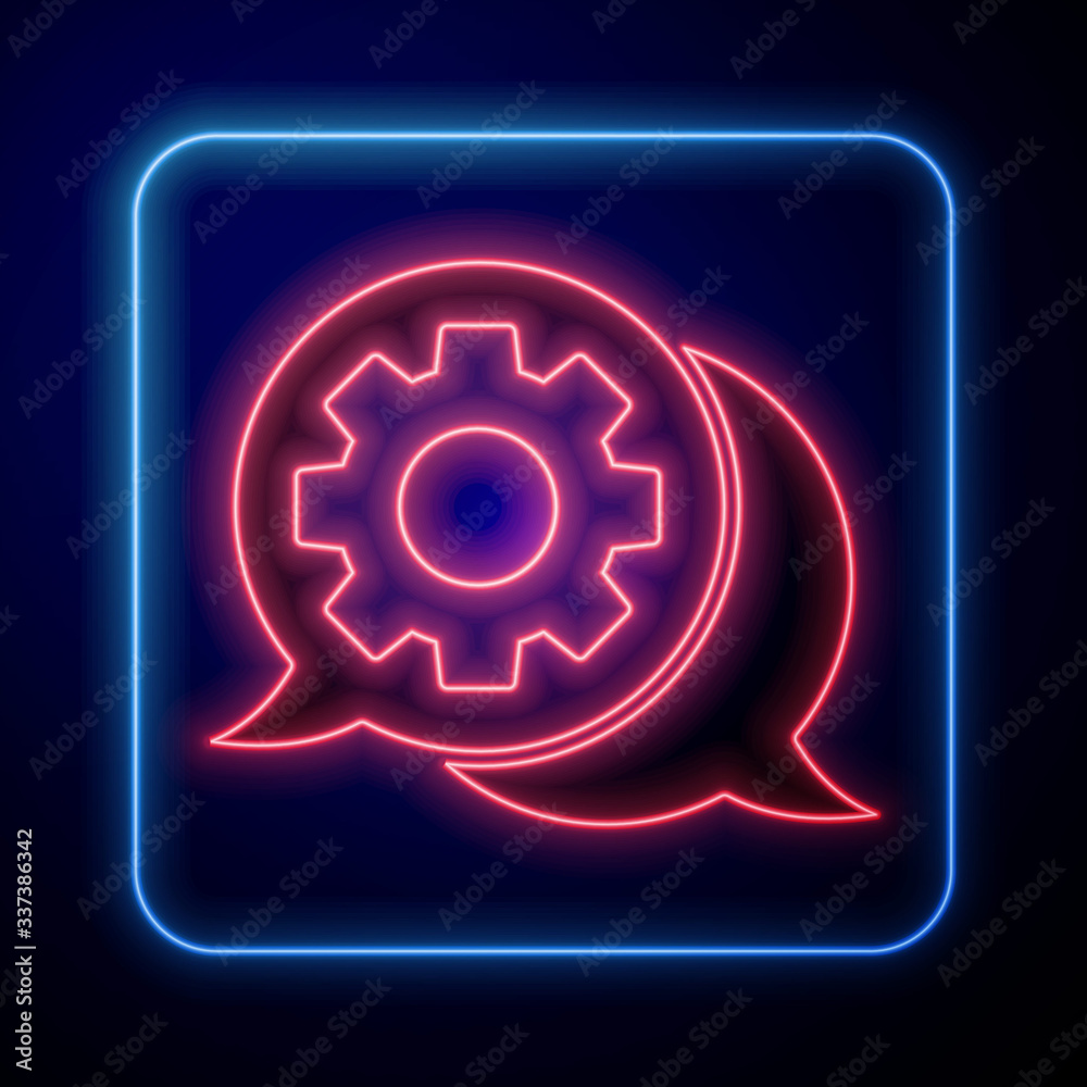 Glowing neon Speech bubble chat icon isolated on blue background. Message icon. Communication or com