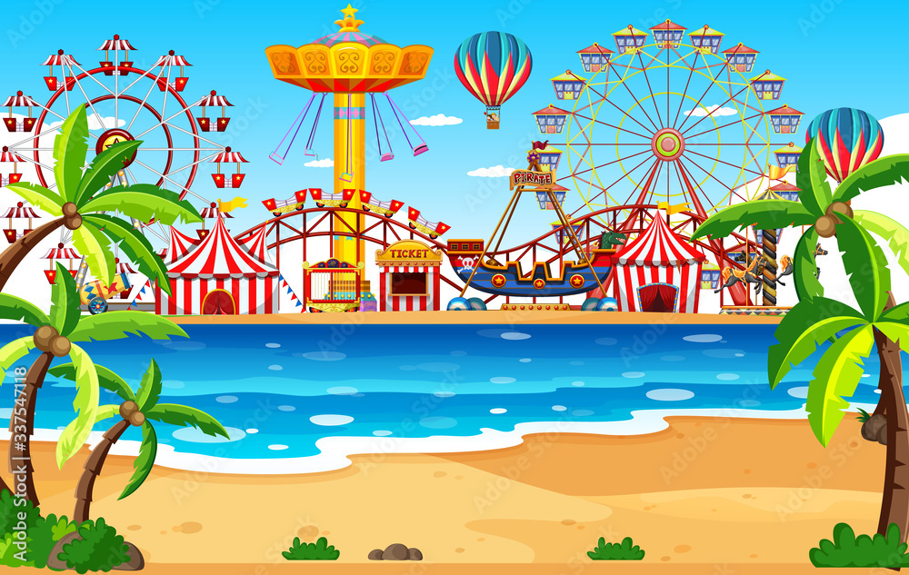 Themepark scene with many rides by the beach