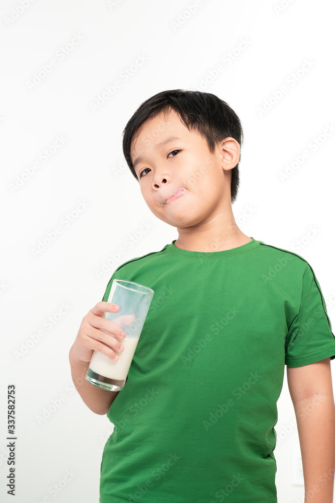 Little Happy Boy with Glass of Milk Isolated on White Background