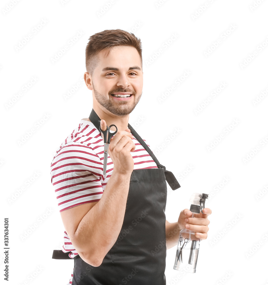 Portrait of male hairdresser on white background