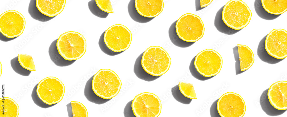 Fresh yellow lemons overhead view - flat lay