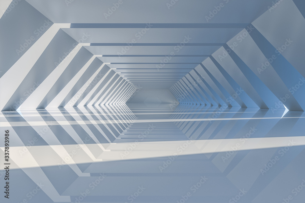 White hexagonal tunnel, modern architecture, 3d rendering.