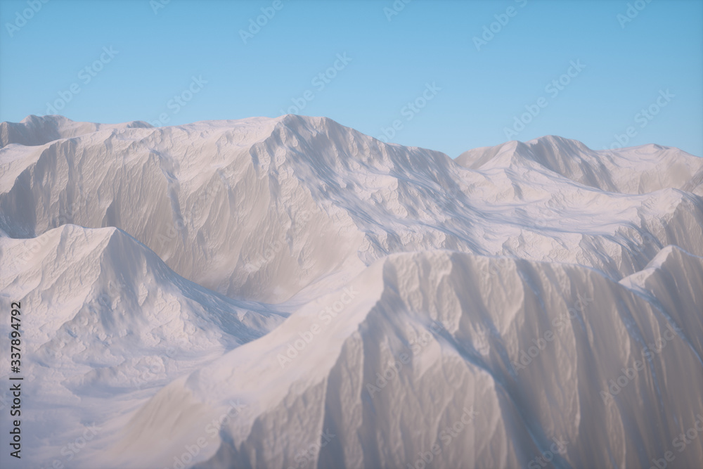 A stretch of snow mountain with blue sky, 3d rendering.